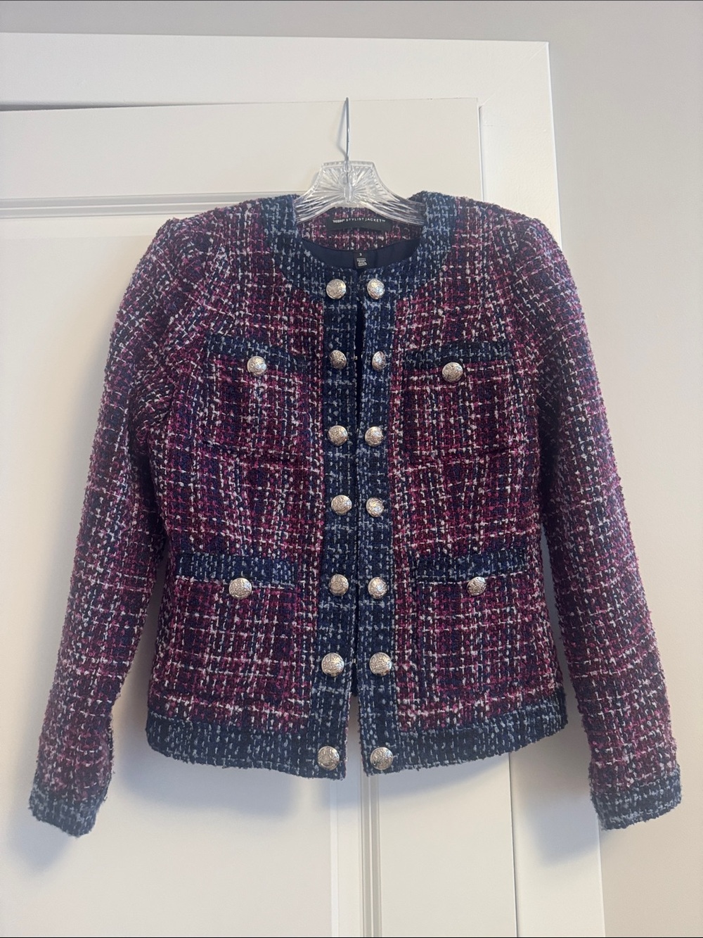 White House Black Market Burgundy and Navy Tweed Button Jacket
